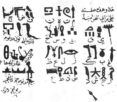 Egyptian alphabet according to Ibn Wahshiyya (Paris, Bibliothèque Nationale, MS Arabe 6805 folios 92b. ff).